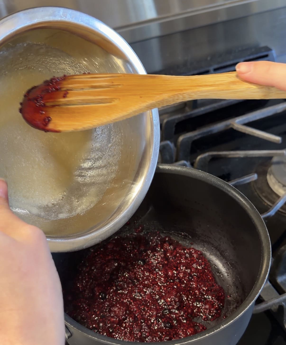 How to make homemade fruit snacks - adding dissolved gelatin to the fruit mixture