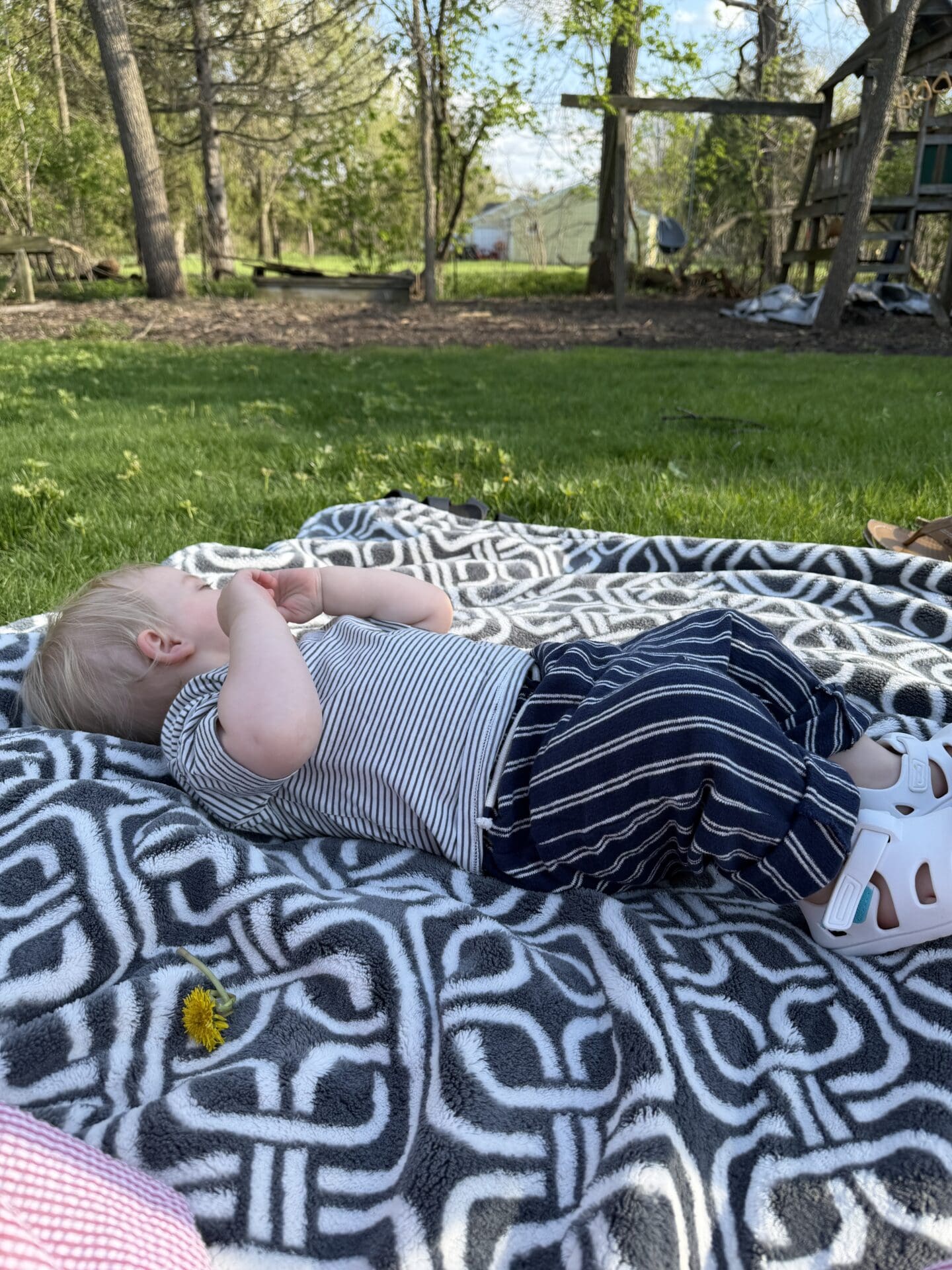 baby lying on blanket in backyard with dandelion - realistic slow living with kids